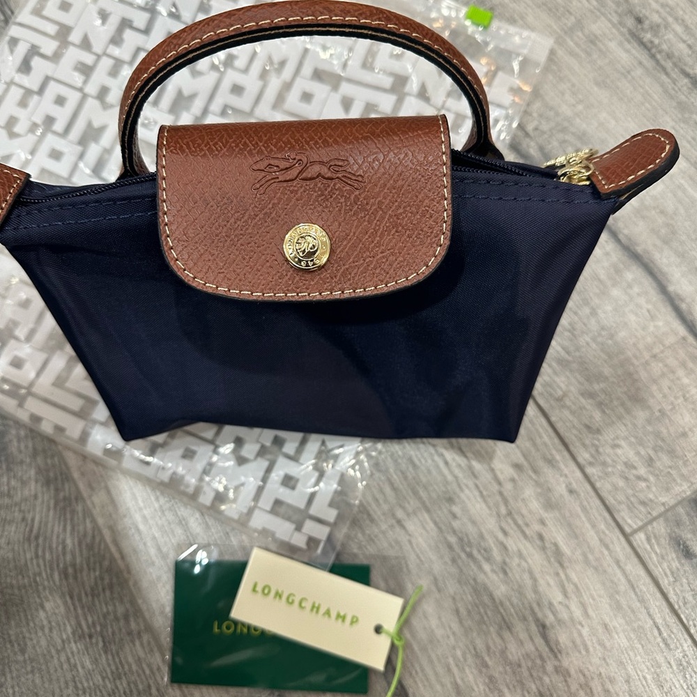 Longchamp Navy Nylon and Brown Leather Top-Handle Mini Le Pliage